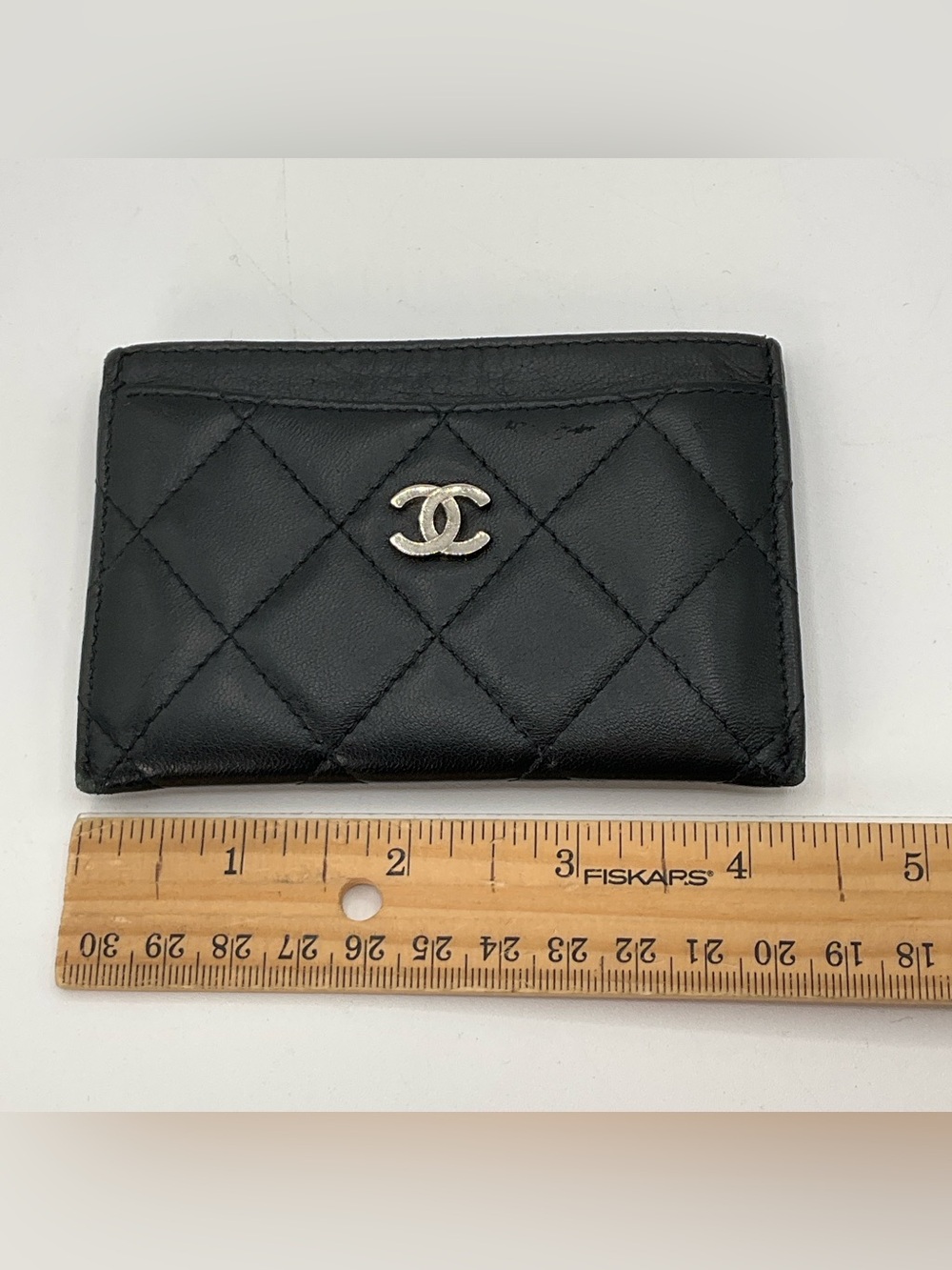 Chanel Quilted Card Holder Wallet Lambskin Leather Black Silver - Picture 14 of 16